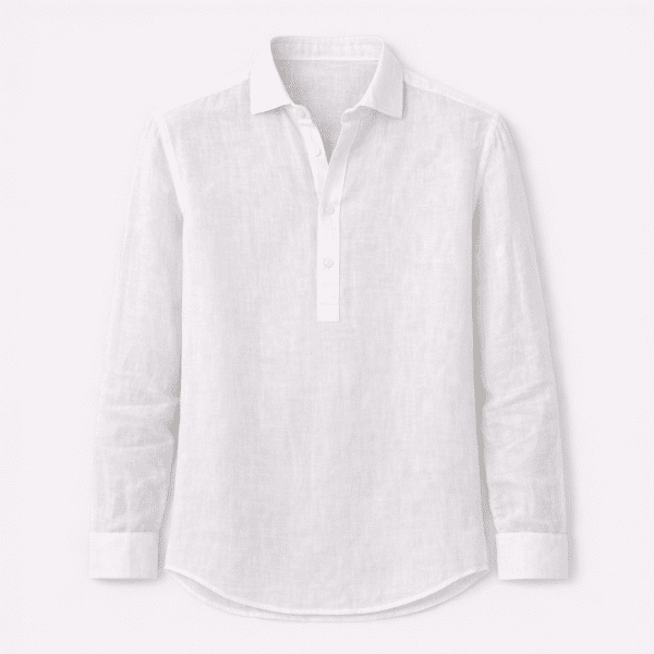 Camisa blanca de lino media tapeta para hombre con diseño pullover