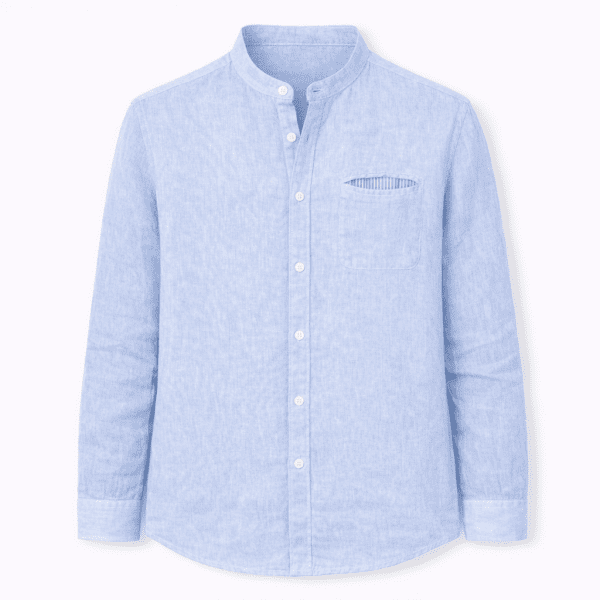 Camisa lino hombre cuello mao con bolsillo y detalles en contraste