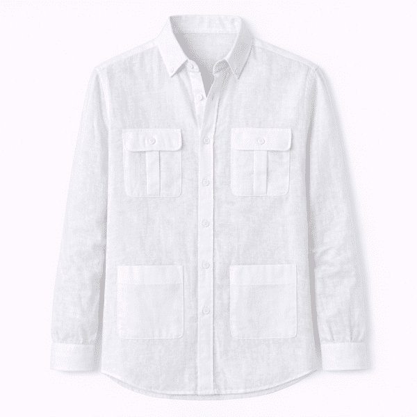Camisa blanca lino hombre estilo safari utility con cuatro bolsillos